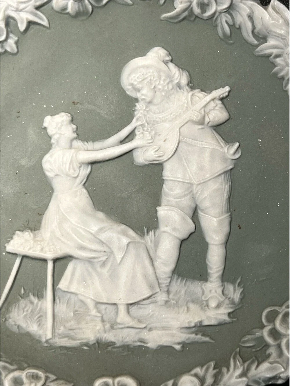 Schafer Vater Germany 1910s Jasperware Wall Plaque Courting Couple, 5.5”